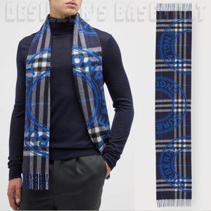 BURBERRY gray ROUNDEL GIANT CHECK reversible to blue LOGO Cashmere 12x66" Scarf